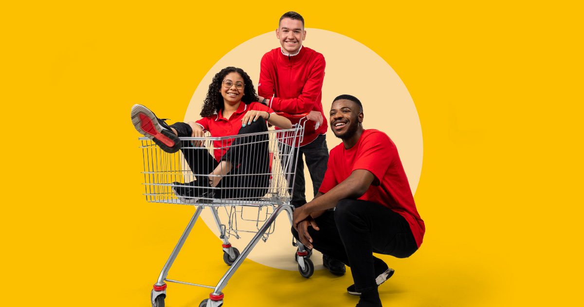 Poster with young people, one sitting in a shopping cart